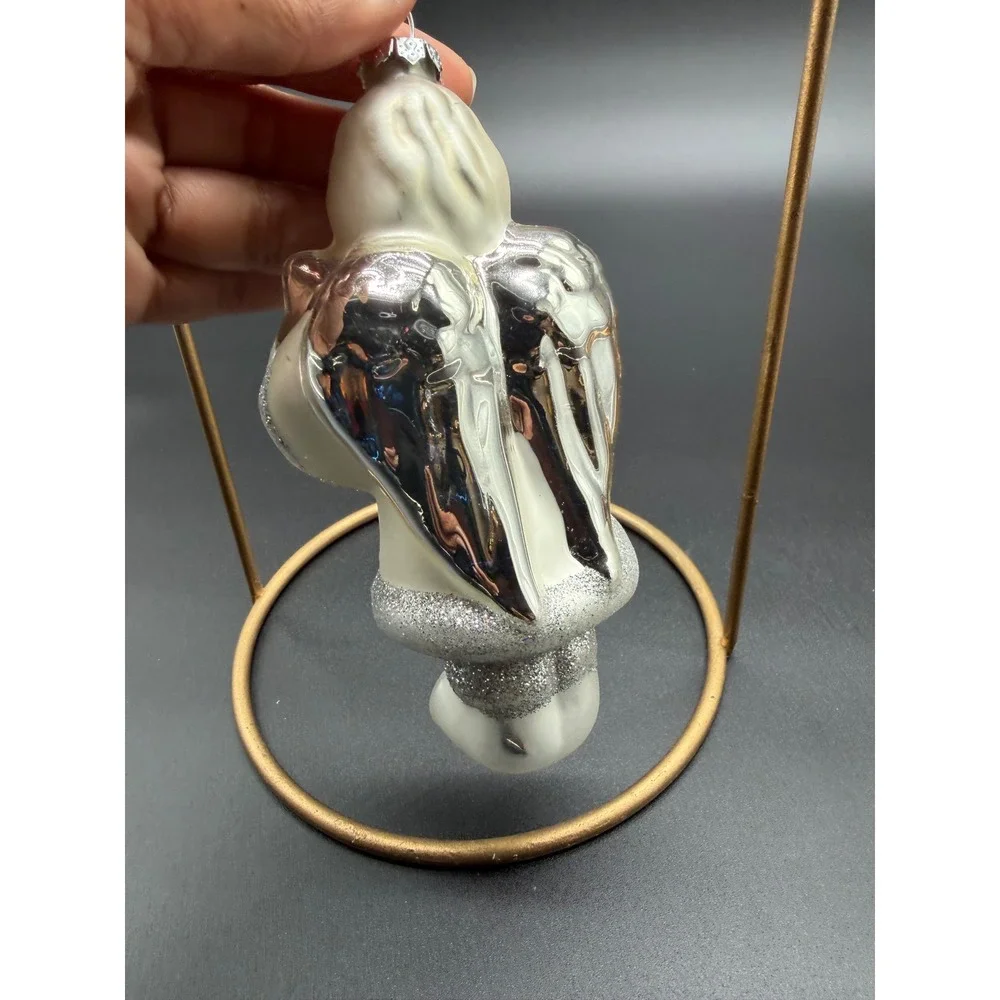 Vintage Blown Glass Angel Christmas‎ Ornament Silver Glitter White Star 6 Inch
